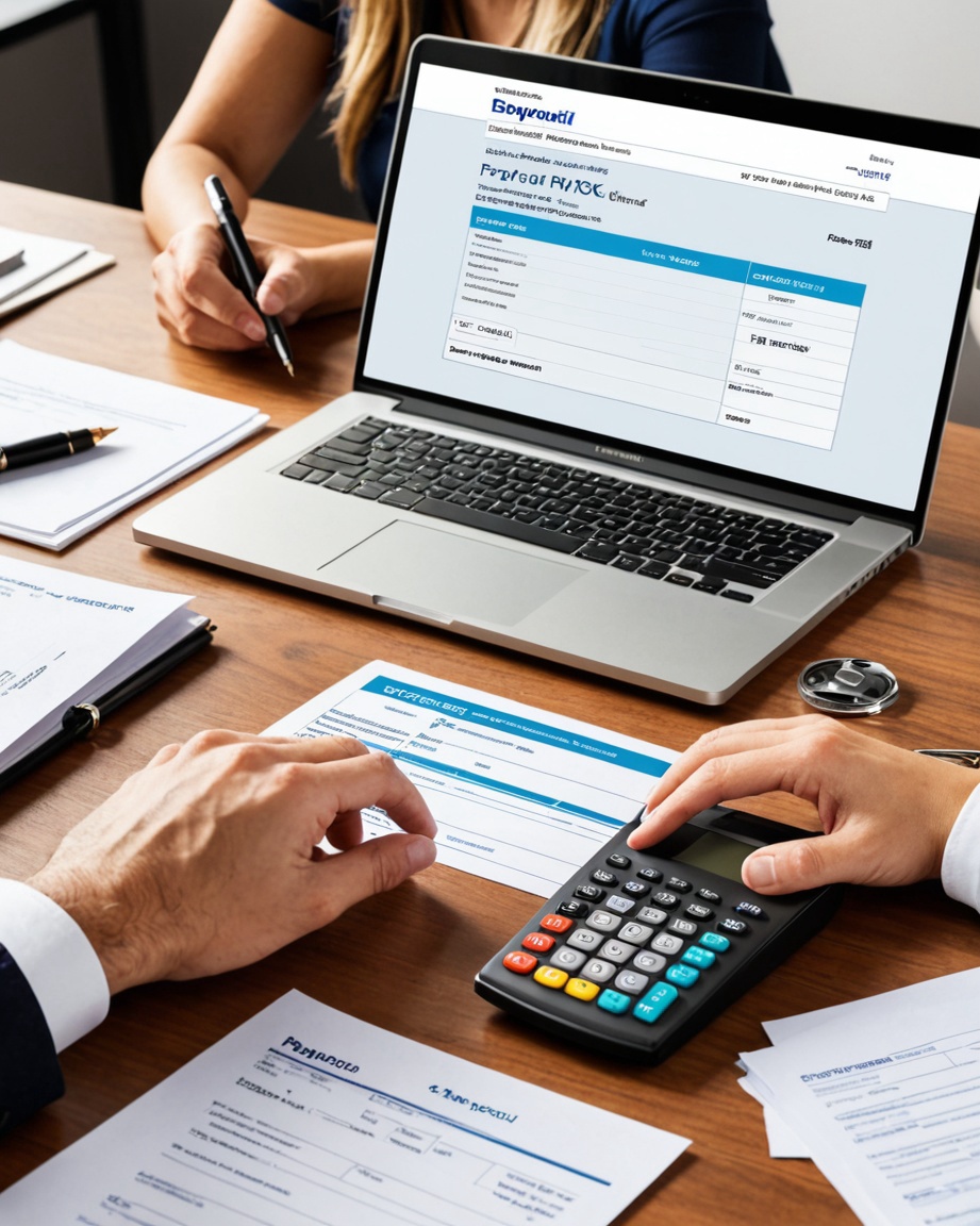 Payroll documents, calculator and laptop